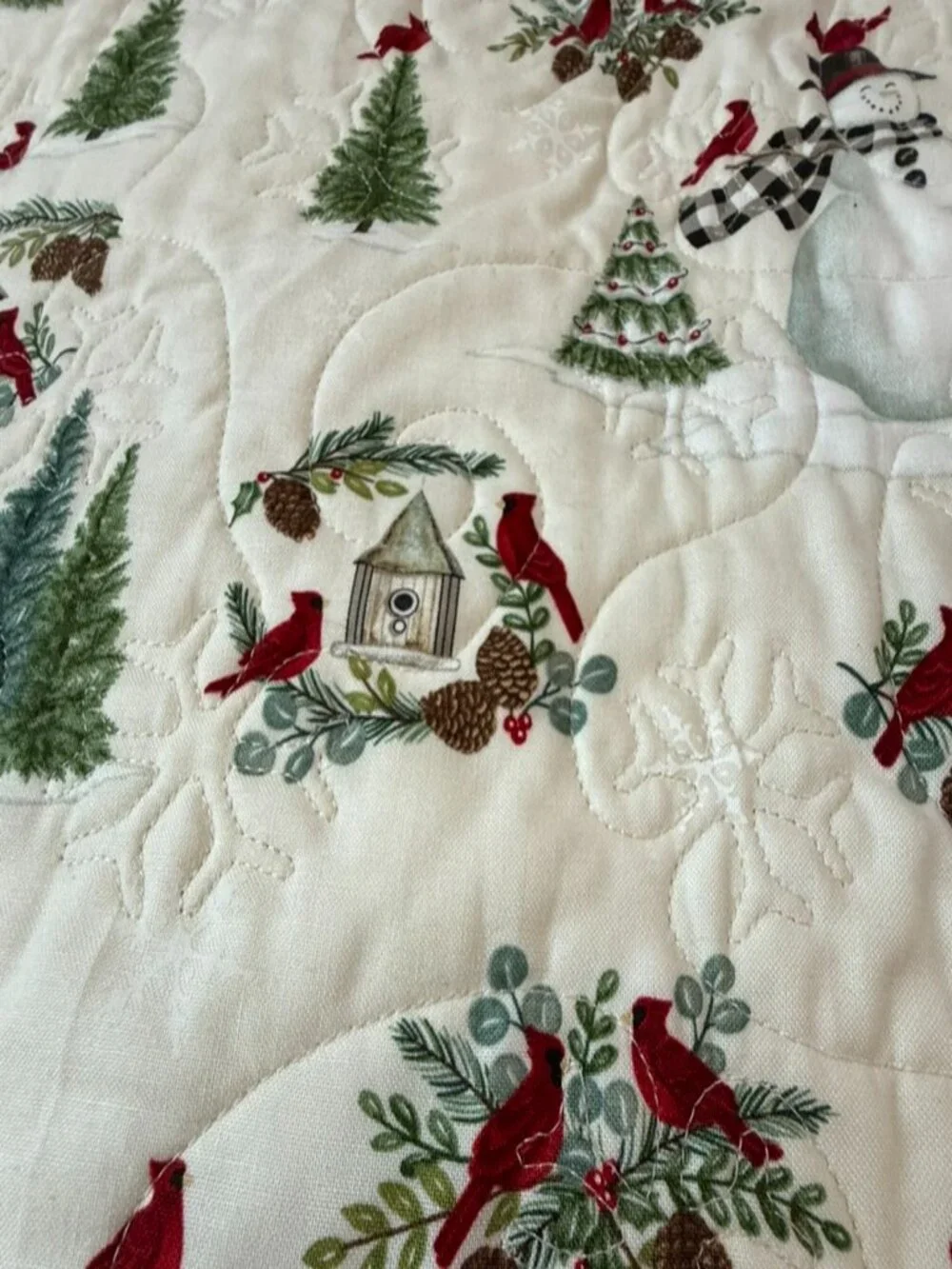 Handmade Quilt 63x43 Christmas Red Cardinal Snowman Friends Snowflake Birdhouse